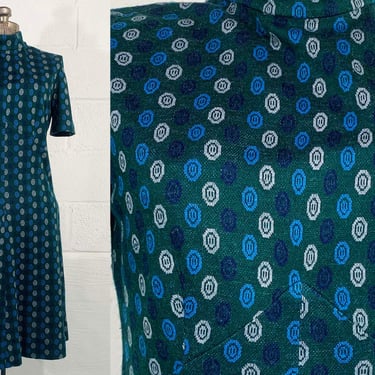 Vintage Mod A-Line Dress Blue Green Button Geometric Print Mockneck Twiggy Short Sleeve Medium 1960s 1970s 