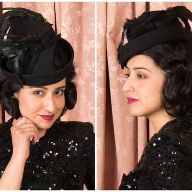 1940s Hat - Exquisite 40s Sculpted Tilt Hat with Lustrous Black Coque Feathers and Felt Bow, Upturned Brim 