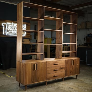 Gilles Hutch, 3 Drawers, Solid Wood Sideboard with Shelves, Mid Century Modern Bookcase, Large Wall Unit (Shown in Walnut) 