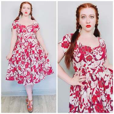 1980s Vintage Red and Cream Batik Print Sundress / 80s / Cotton Fit and Flare Floral Tea Length Dress / Size Large - XL 