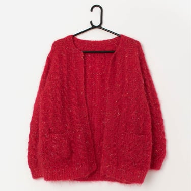 80s vintage sparkly red mohair cardigan, hand knitted festive cardi - Medium 