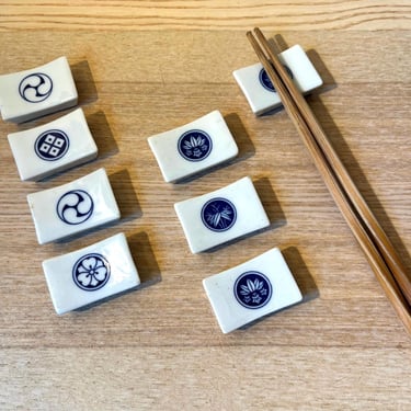 Vintage Japanese Blue Mon Hashioki | White Ceramic Chopstick Rest Holder Tiles | Bamboo & Emblem | Asian Dining Table Set Up | Each Set of 4 
