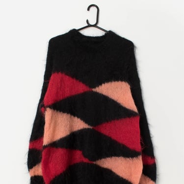 80s vintage handknitted oversized fluffy jumper in black and red - Medium / Large 