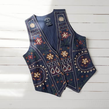 floral cotton vest | 90s vintage navy blue floral chain stitch embroidered cottagecore academia cotton waistcoat 