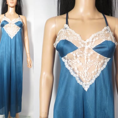 Vintage 70s Blue Maxi Lingerie Maxi Nightgown With Lace Detail Size M/L 