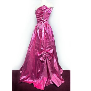 80's Metallic Pink Long Evening Gown Dress Vintage 1980's Fuchsia Pink Strapless Party Formal Ball Gown Full Skirt Bows, Prom 