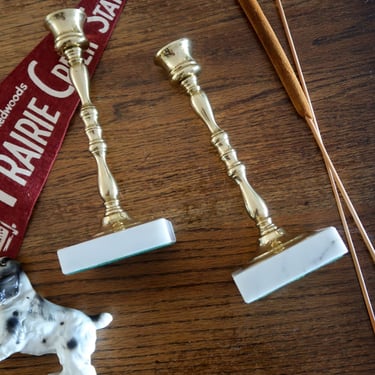 Vintage Brass Marble Candle Stick Holder Set 