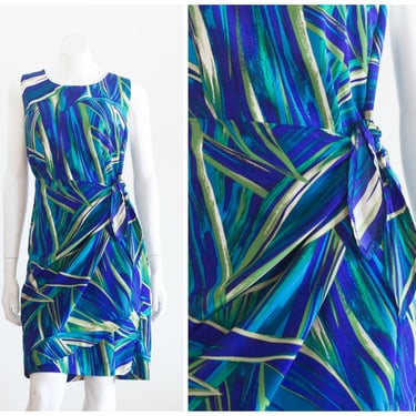 Vintage 1990s Sleeveless Dress with Wrap Skirt | Blue, White, and Green Print 