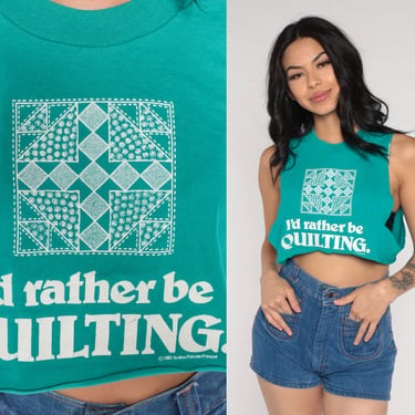 Quilter Tank Top 90s Teal Graphic Cropped Cutoff Tank I'd Rather Be Quilting Tshirt Sleeveless Muscle Tee 1990s Vintage Screen Stars Medium 