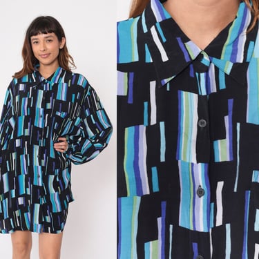 Geometric Blouse 80s Button up Shirt Tunic Top Long Sleeve Abstract Print Collared Blue Black White Green Retro Vintage 1980s 18 2xl xxl 