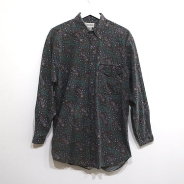 vintage 1990s paisley COLOR block men's all over 90s blue & green print button down shirt -- men's size medium 