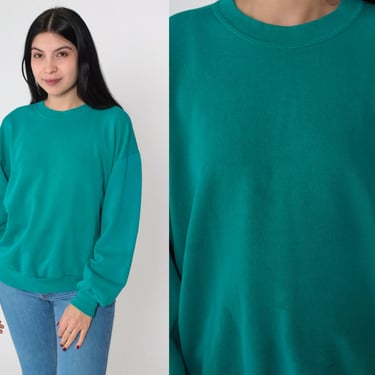 Teal Green Crewneck Sweatshirt 90s Plain Long Sleeve Shirt Crewneck Sweatshirt Slouchy Vintage Sweat Shirt Blank Sweatshirt Large 