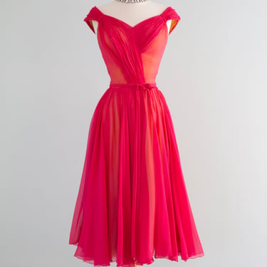 Spectacular 1950's Helen Rose Two Tone Silk Chiffon Party Dress In Cerise Pink & Citrine Yellow / Small