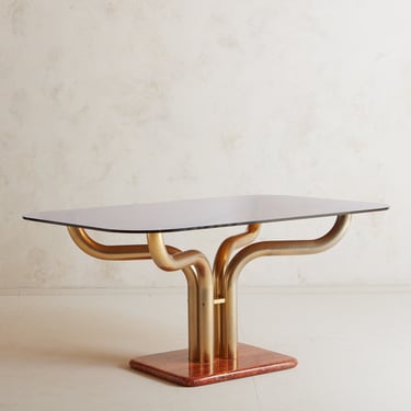 Sculptural Brass + Red Travertine Dining Table with Smoked Glass Top, Italy 20th Century