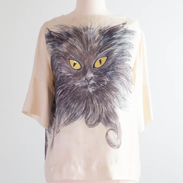 RARE 1960's Kitty Print Silk Blouse by Lady Manhattan / M