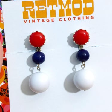 Mod Vintage 60s 70s Red White Navy Blue Ball Drop Earrings 