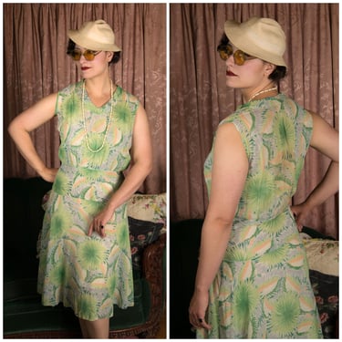 1930s Dress - Tropical Green Summer Palms Print Sheer Cotton Early 30s Garden Party Dress 