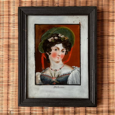 19th C. Folk Art Reverse Painting on Glass of Mme Italienerin