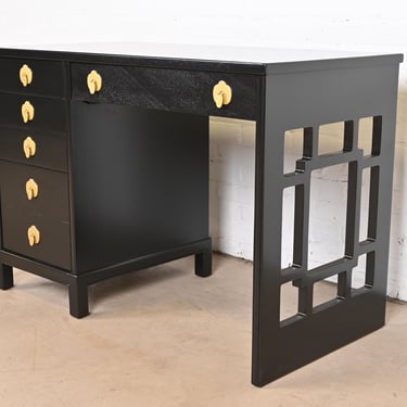 Landstrom Mid-Century Modern Hollywood Regency Black Lacquered Writing Desk, Newly Refinished