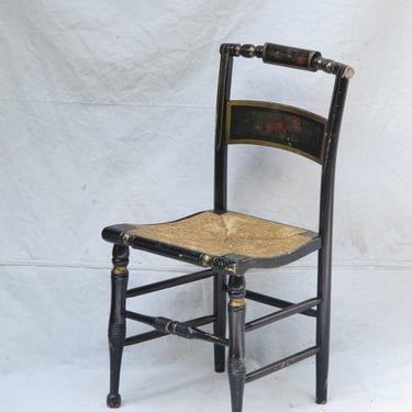 Hitchcock Chair Antique Rush Seat Chair Farmhouse Chair Accent Chair Black Gold Rose Motif Primitive Country Wooden Chair Woven Seat 