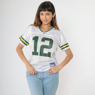 Aaron Rodgers Green Bay Packers Jersey White Reebok NFL 2000s Authentic Football Shirt Number 12 Short Sleeve Women’s Medium 