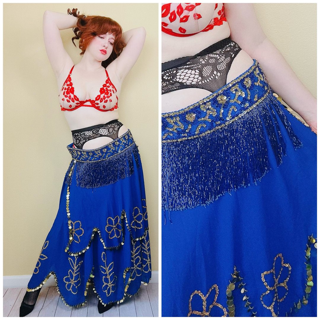 Vintage Blue Bedlah Belly Dancing Skirt / Hip Hugger Beaded
