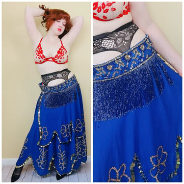 Vintage Blue Bedlah Belly Dancing Skirt / Hip Hugger Beaded Fringe Ornate Scalloped Skirt / Size 40 