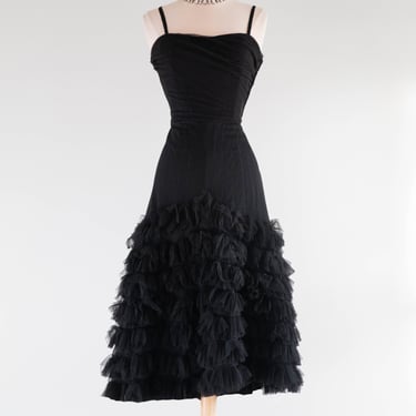 Stunning 1950's Black Net Evening Dress By Ceil Chapman / Medium