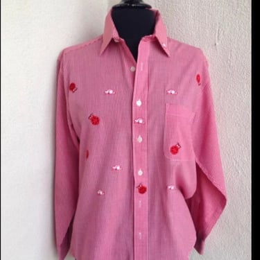 SALE Vintage Unisex men’s shirt by Mili Designs sz small red white gingham with flying red ladybugs 