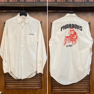 Vintage 1960’s “Pharaohs” Car Club Hot Rod Cotton Mod Ivy League Flocked Shirt, 60’s Vintage Clothing 