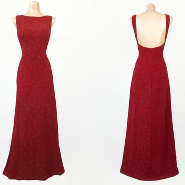 VINTAGE 90s Crimson Red Sparkly Long Plunge Back Gown by Ronni Nicole Sz 12 | 1990s Formal Party Dress | VFG 