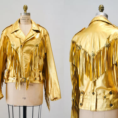 80s 90s Amazing Vintage Gold Fringe Leather Biker Jacket Gold Cowgirl Western Jacket Medium Large// Metallic Gold Leather Moto Jacket Rodeo 