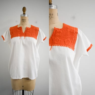 Vintage White Cotton Blouse with Orange Embroidered Yoke 