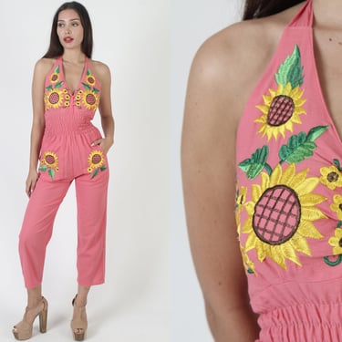Embroidered Sunflower Print Jumpsuit, Skinny Leg Smocked Playsuit, Vintage Open Back Play Suit With Pockets 