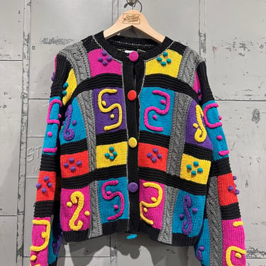 S 90s Toni lambert Crazy sweater funky 3D knit abstract cardigan multicolor size small 