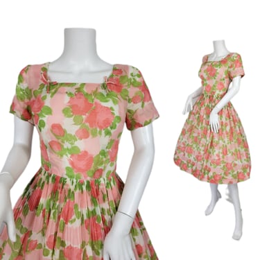 1960's Pink Green Poly Blend Rose Print Dress I Sz Med I Dauphine 
