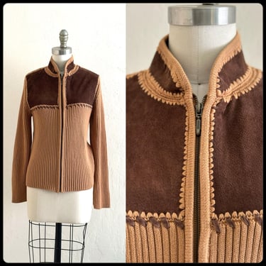 vintage brown suede knit zip up cardigan sweater 