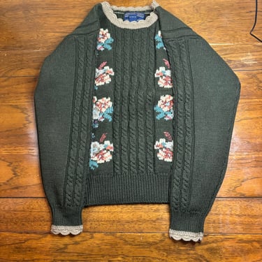 Vintage Herman Geist Brown Wool Floral Hand Embroidered Sweater, Size S 