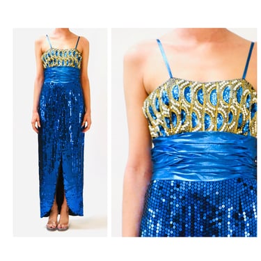 Vintage 80s Prom Dress Blue Sequin Metallic Gown Small// 80s Party Blue Metallic Sequin Beaded Pageant Dress Small Medium Alyce Designs 