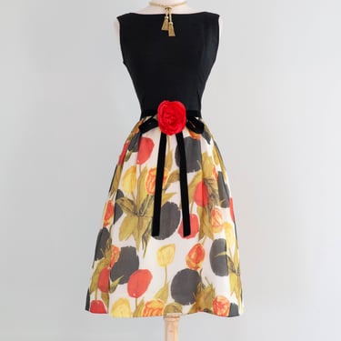 Sophisticated Early 1960's Abstract Silk Rose Print Cocktail Dress / Medium