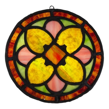 10" Round antique stained glass window hanging suncatcher. Salvaged panel, Gold green, & pink glass 