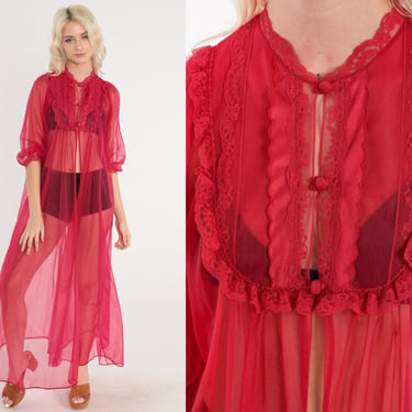 Sheer Red Robe 70s Lingerie Maxi Robe Lace Trim Open Front Peignoir Hippie Boho Long See Through Nightgown Button up 1970s Vintage Small S 