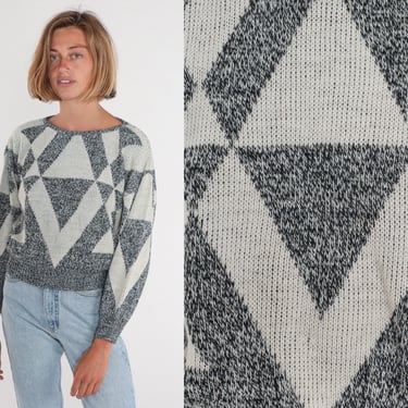 Grey Chevron Sweater 90s Knit Pullover Sweater Retro White Geometric Print Boatneck Jumper Acrylic 1990s Vintage Contempo Casuals Medium M 