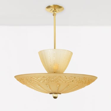 Swedish Art Deco double shade chandelier  with etched golden glass.
