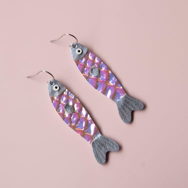 Anchovy Fish Earrings - Made from Iridescent Leather Scraps 