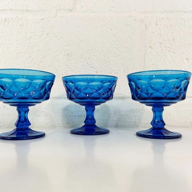 Vintage Coupe Glasses Set of 3 Champagne Sherbet Glass 1960s 1970s Dessert Blue Glassware Cobalt Thumbprint Stemmed Bowls Mid Century 