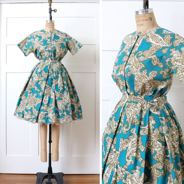 vintage 1950s - early 1960s full skirt & blouse set • teal blue and gold cotton Jantzen day dress set 