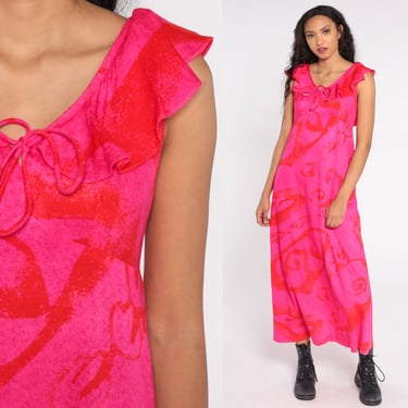 70s Hawaiian Maxi Dress Neon Pink Swirl Print Hippie Floral Dress Boho Ruffle Sleeveless Empire Tropical Pattern 1970s Bohemian Long Small S 