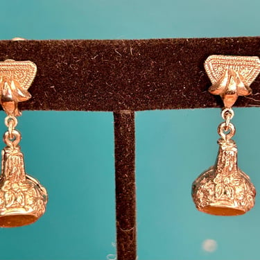 Art Deco Art Nouveau Fob Earrings Screw Back Floral Silver Tone Jewelry Floral 