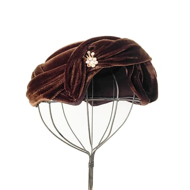 Vintage 1950’s golden brown velvet topper | rhinestone trim, draped velvet hat 